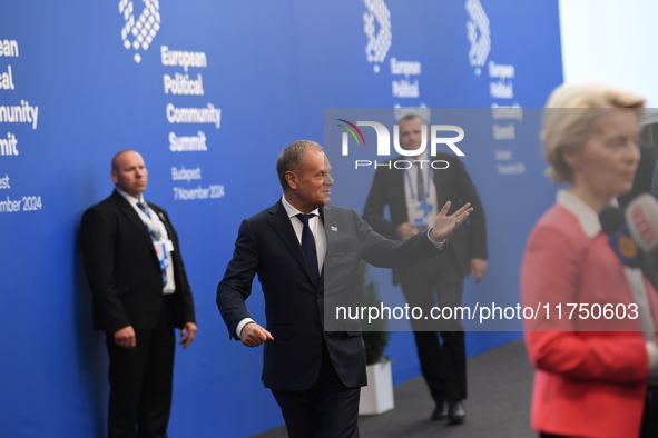 Donald Tusk, Prime Minister of Poland, arrives at the 5th European Political Community Summit in Budapest, Hungary, on November 7, a day aft...