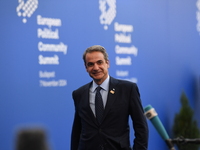 Kyriakos Mitsotakis, Prime Minister of Greece, arrives at the 5th European Political Community Summit in Budapest, Hungary, on November 7, a...