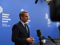 Kyriakos Mitsotakis, Prime Minister of Greece, arrives at the 5th European Political Community Summit in Budapest, Hungary, on November 7, a...