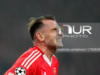 Kerem Akturkoglu of Benfica  gestures during the Champions League Round 4 match between Bayern Munich v Benfica at the Allianz arena, Munich...