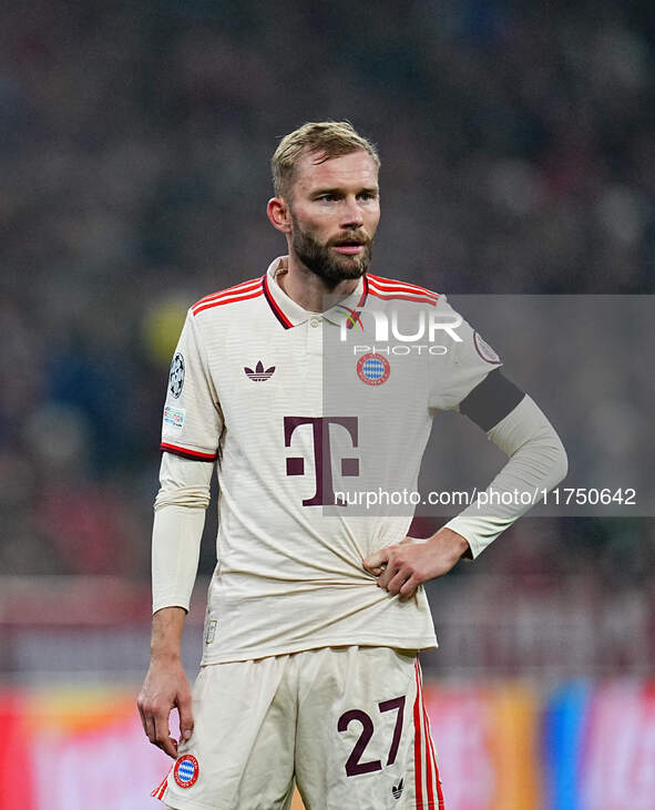 Konrad Laimer of Bayern Munich  looks on during the Champions League Round 4 match between Bayern Munich v Benfica at the Allianz arena, Mun...