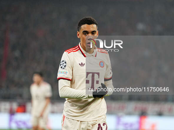 Jamal Musiala of Bayern Munich  looks on during the Champions League Round 4 match between Bayern Munich v Benfica at the Allianz arena, Mun...