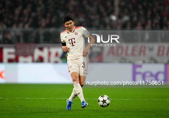 Min-jae Kim of Bayern Munich  controls the ball during the Champions League Round 4 match between Bayern Munich v Benfica at the Allianz are...