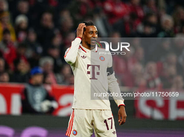 Michael Olise of Bayern Munich  looks on during the Champions League Round 4 match between Bayern Munich v Benfica at the Allianz arena, Mun...