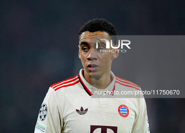 Jamal Musiala of Bayern Munich  looks on during the Champions League Round 4 match between Bayern Munich v Benfica at the Allianz arena, Mun...