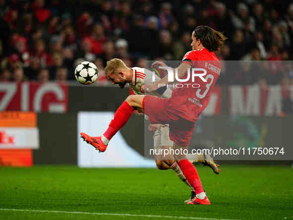 Konrad Laimer of Bayern Munich  controls the ball during the Champions League Round 4 match between Bayern Munich v Benfica at the Allianz a...