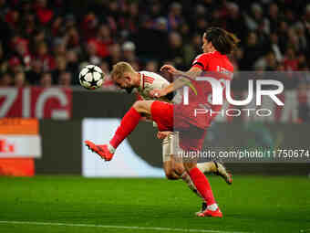 Konrad Laimer of Bayern Munich  controls the ball during the Champions League Round 4 match between Bayern Munich v Benfica at the Allianz a...