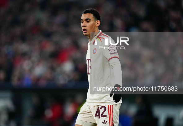 Jamal Musiala of Bayern Munich  looks on during the Champions League Round 4 match between Bayern Munich v Benfica at the Allianz arena, Mun...