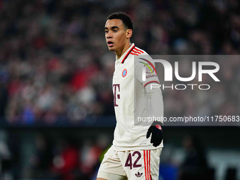 Jamal Musiala of Bayern Munich  looks on during the Champions League Round 4 match between Bayern Munich v Benfica at the Allianz arena, Mun...