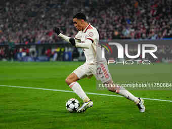 Jamal Musiala of Bayern Munich  looks on during the Champions League Round 4 match between Bayern Munich v Benfica at the Allianz arena, Mun...