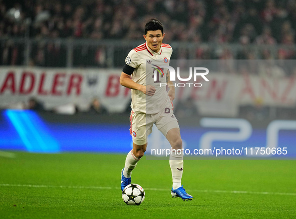 Min-jae Kim of Bayern Munich  controls the ball during the Champions League Round 4 match between Bayern Munich v Benfica at the Allianz are...