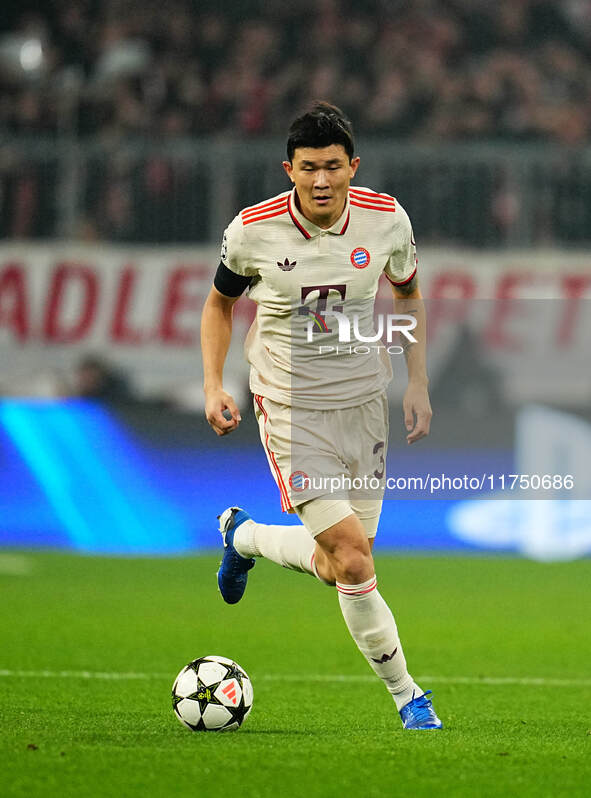 Min-jae Kim of Bayern Munich  controls the ball during the Champions League Round 4 match between Bayern Munich v Benfica at the Allianz are...