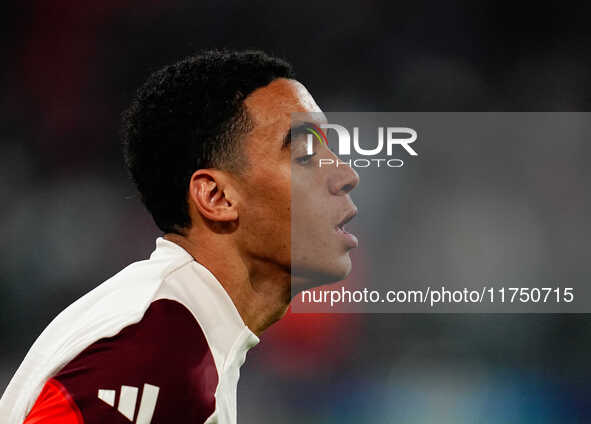 Jamal Musiala of Bayern Munich  looks on during the Champions League Round 4 match between Bayern Munich v Benfica at the Allianz arena, Mun...