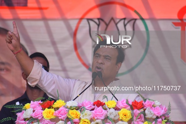 Himanta Biswa Sarma, Chief Minister of the northeastern state of Assam, speaks during an election campaign rally in support of BJP candidate...