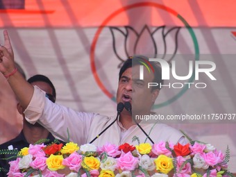 Himanta Biswa Sarma, Chief Minister of the northeastern state of Assam, speaks during an election campaign rally in support of BJP candidate...