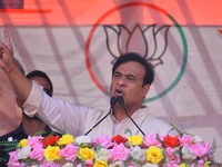 Himanta Biswa Sarma, Chief Minister of the northeastern state of Assam, speaks during an election campaign rally in support of BJP candidate...