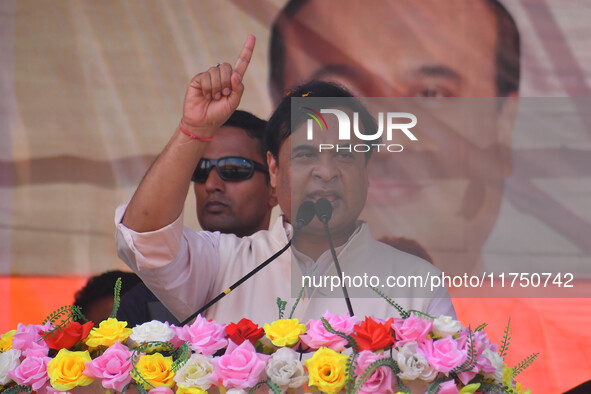 Himanta Biswa Sarma, Chief Minister of the northeastern state of Assam, speaks during an election campaign rally in support of BJP candidate...