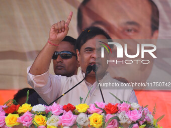 Himanta Biswa Sarma, Chief Minister of the northeastern state of Assam, speaks during an election campaign rally in support of BJP candidate...