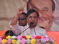 Himanta Biswa Sarma, Chief Minister of the northeastern state of Assam, speaks during an election campaign rally in support of BJP candidate...