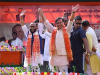 Himanta Biswa Sarma, Chief Minister of the northeastern state of Assam, participates in an election campaign rally in support of BJP candida...