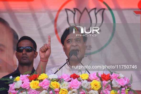 Himanta Biswa Sarma, Chief Minister of the northeastern state of Assam, speaks during an election campaign rally in support of BJP candidate...