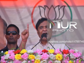 Himanta Biswa Sarma, Chief Minister of the northeastern state of Assam, speaks during an election campaign rally in support of BJP candidate...