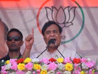 Himanta Biswa Sarma, Chief Minister of the northeastern state of Assam, speaks during an election campaign rally in support of BJP candidate...