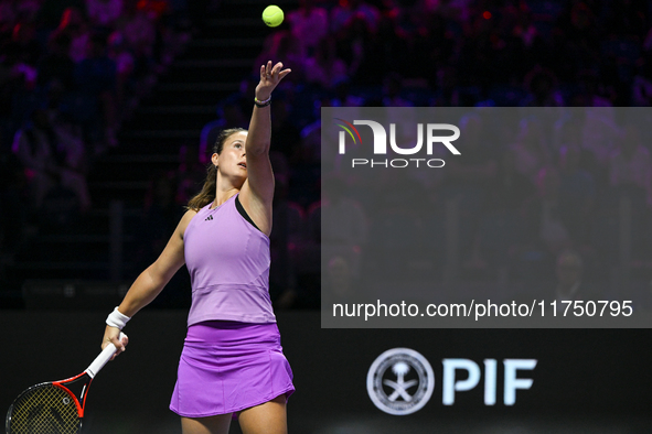 RIYADH, SAUDI ARABIA - NOVEMBER 07: Daria Kasatkina during her match against Iga Swiatek of Poland, on Day 6 of the 2024 WTA Finals, part of...