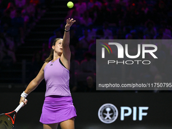 RIYADH, SAUDI ARABIA - NOVEMBER 07: Daria Kasatkina during her match against Iga Swiatek of Poland, on Day 6 of the 2024 WTA Finals, part of...