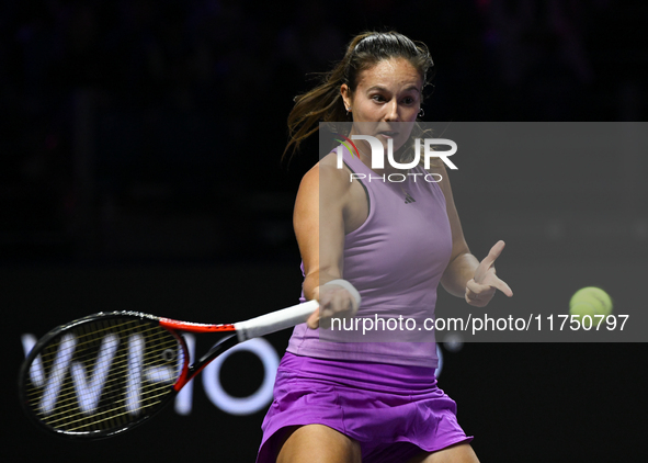 RIYADH, SAUDI ARABIA - NOVEMBER 07: Daria Kasatkina during her match against Iga Swiatek of Poland, on Day 6 of the 2024 WTA Finals, part of...