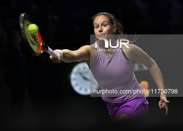 RIYADH, SAUDI ARABIA - NOVEMBER 07: Daria Kasatkina during her match against Iga Swiatek of Poland, on Day 6 of the 2024 WTA Finals, part of...