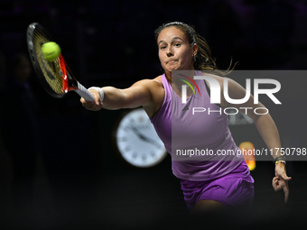 RIYADH, SAUDI ARABIA - NOVEMBER 07: Daria Kasatkina during her match against Iga Swiatek of Poland, on Day 6 of the 2024 WTA Finals, part of...