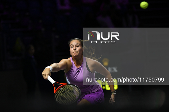 RIYADH, SAUDI ARABIA - NOVEMBER 07: Daria Kasatkina during her match against Iga Swiatek of Poland, on Day 6 of the 2024 WTA Finals, part of...