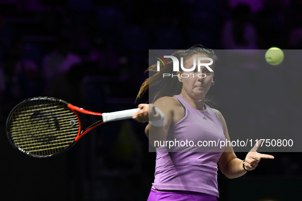 RIYADH, SAUDI ARABIA - NOVEMBER 07: Daria Kasatkina during her match against Iga Swiatek of Poland, on Day 6 of the 2024 WTA Finals, part of...