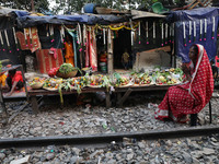 A Hindu devotee sits beside railway tracks in front of her hut as she worships the Sun god on the banks of the river Ganges during the relig...