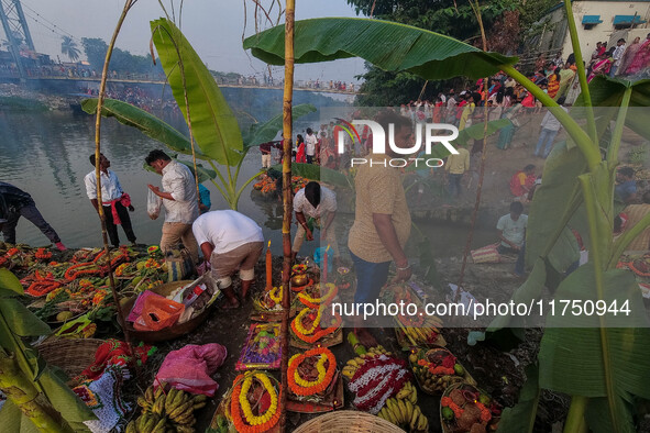 Various offerings for the Sun god are seen at a riverside 70 kilometers outside of Kolkata, India, on November 7, 2024, during the Chhath Pu...