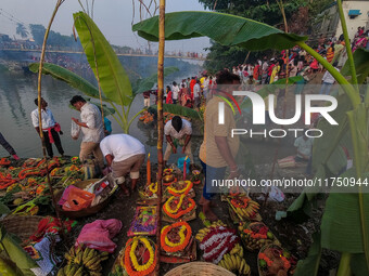 Various offerings for the Sun god are seen at a riverside 70 kilometers outside of Kolkata, India, on November 7, 2024, during the Chhath Pu...