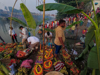 Various offerings for the Sun god are seen at a riverside 70 kilometers outside of Kolkata, India, on November 7, 2024, during the Chhath Pu...