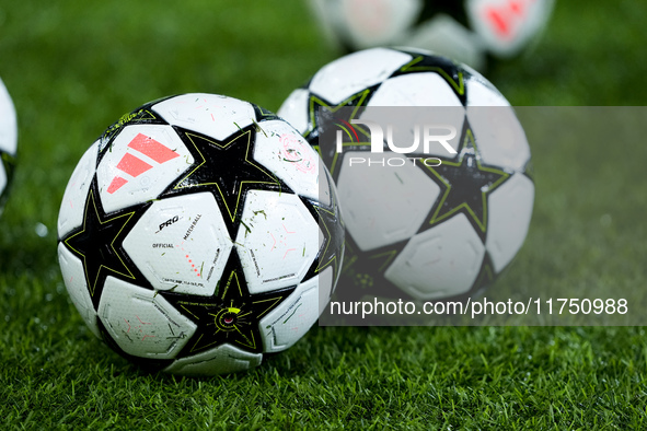 Official Adidas UEFA Champions league match balls during the UEFA Champions League 2024/25 League Phase MD4 match between Bologna FC and AS...