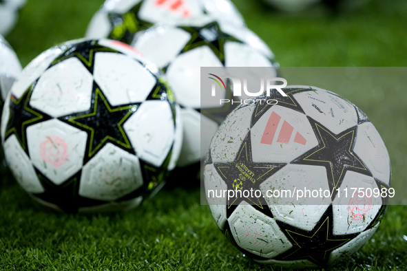 Official Adidas UEFA Champions league match balls during the UEFA Champions League 2024/25 League Phase MD4 match between Bologna FC and AS...