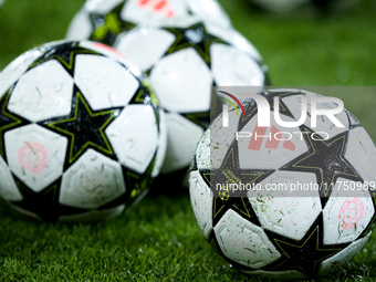 Official Adidas UEFA Champions league match balls during the UEFA Champions League 2024/25 League Phase MD4 match between Bologna FC and AS...