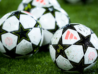 Official Adidas UEFA Champions league match balls during the UEFA Champions League 2024/25 League Phase MD4 match between Bologna FC and AS...