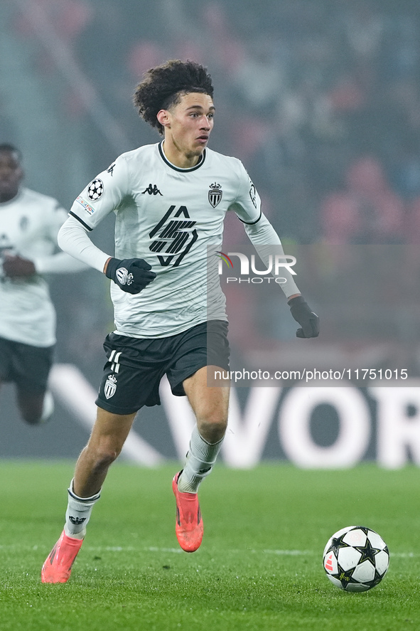 Maghnes Akliouche of AS Monaco during the UEFA Champions League 2024/25 League Phase MD4 match between Bologna FC and AS Monaco at Stadio Re...