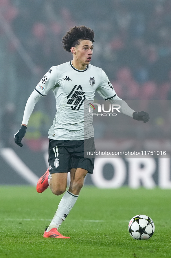 Maghnes Akliouche of AS Monaco during the UEFA Champions League 2024/25 League Phase MD4 match between Bologna FC and AS Monaco at Stadio Re...