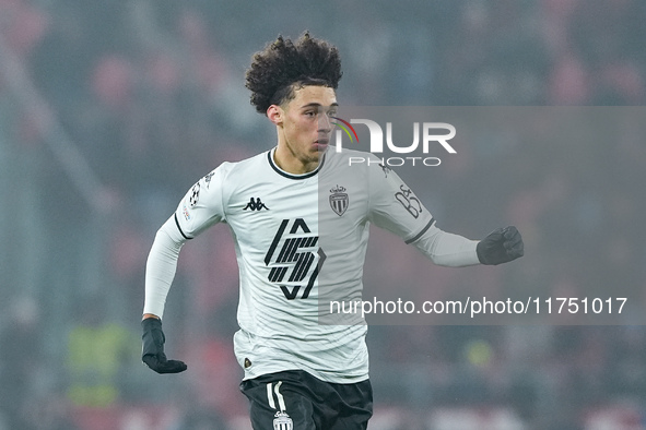 Maghnes Akliouche of AS Monaco during the UEFA Champions League 2024/25 League Phase MD4 match between Bologna FC and AS Monaco at Stadio Re...