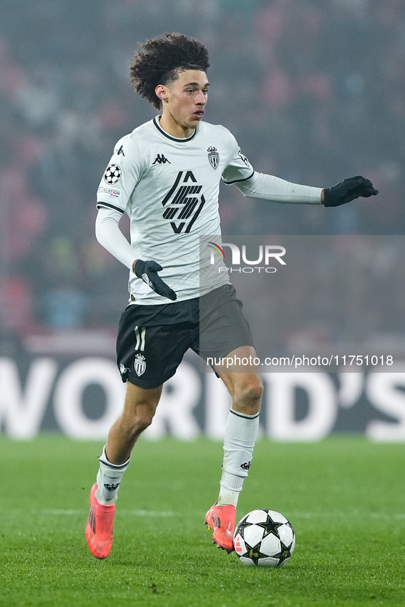 Maghnes Akliouche of AS Monaco during the UEFA Champions League 2024/25 League Phase MD4 match between Bologna FC and AS Monaco at Stadio Re...