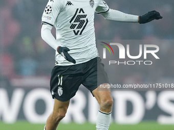 Maghnes Akliouche of AS Monaco during the UEFA Champions League 2024/25 League Phase MD4 match between Bologna FC and AS Monaco at Stadio Re...