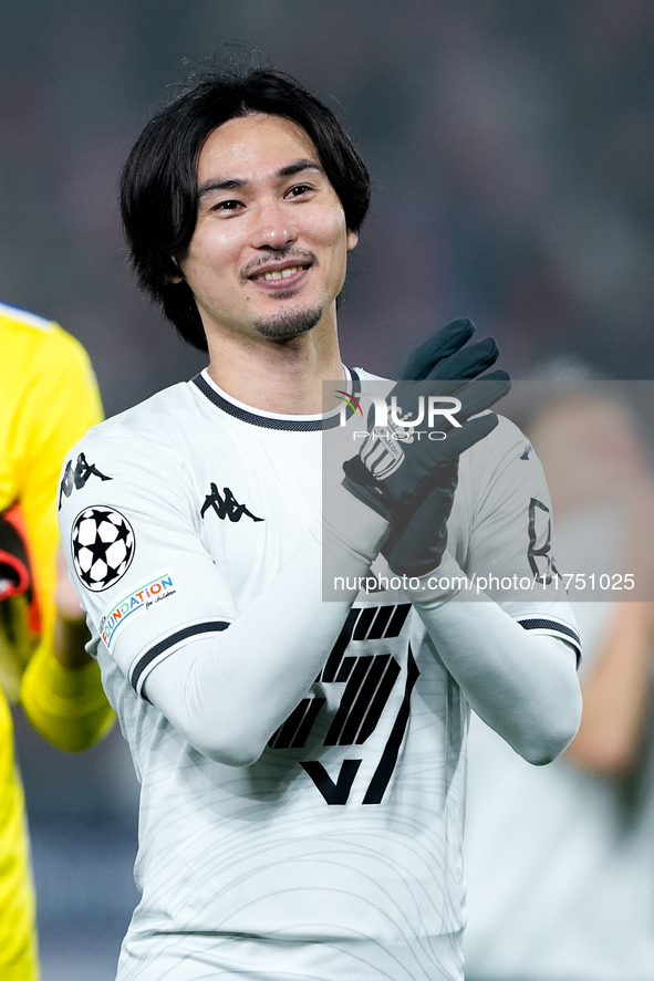 Takumi Minamino of AS Monaco greets his fans during the UEFA Champions League 2024/25 League Phase MD4 match between Bologna FC and AS Monac...