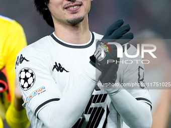 Takumi Minamino of AS Monaco greets his fans during the UEFA Champions League 2024/25 League Phase MD4 match between Bologna FC and AS Monac...