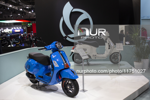 The Vespa GTS 310 is at the 110th International Motorcycle and Accessories Exhibition 2024 at Fiera Milano Rho in Milan, Italy, on November...